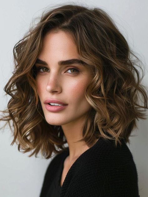 Mid Length Curly Wavy Hair, Medium Layered Wavy Haircuts, Layered Short Wavy Hair, Wavy Lob With Bangs, Medium Length Wavy Haircut, Collar Bone Length Hair Cuts, Medium Wavy Haircuts, Long Bob Wavy Hair, Wavy Shoulder Length Hair