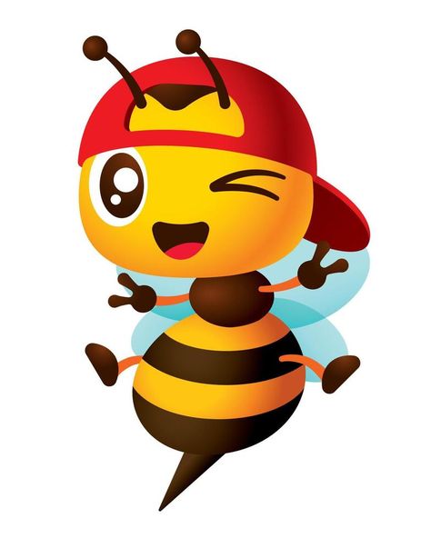 Cute worker bee cartoon wearing red baseball cap showing peace or victory hand signs. Bee winking eye with smiling mascot illustration Honey Bee Cartoon, Bee Character, Bee Cartoon, Bee Quotes, Bee Classroom, Bee Drawing, Drawing Legs, Bee Clipart, Baby Teddy Bear