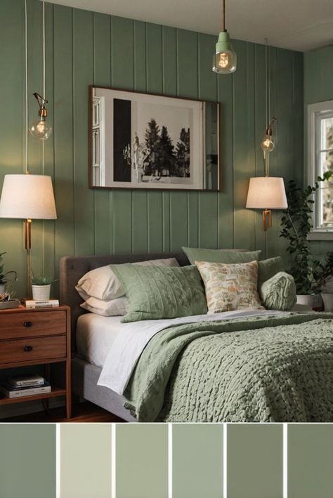 Discover how accent lighting can enhance your bedroom's color scheme. Add warmth, depth, and style with our expert tips. #ad     #Colortrend #wallpaint2024  #color2024  #DIYpainting  ##DIYhomedecor  #Fixhome Green Bedroom And Ceiling, Green Bedroom Colour Palettes, Shades Of Green Bedroom Ideas, Light Green Bedroom Ideas, Bedroom Colour Schemes Green, Sherwin Williams Clary Sage, Accent Wall Colors Bedroom, Green Bedroom Colors, Green Bedroom Paint