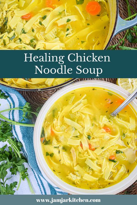 When you are feeling under the weather there is nothing like a hearty, comforting bowl of chicken noodle soup to make everything right in the world. This soothing soup recipe contains cold busting ingredients like turmeric, garlic, lemon, fresh herbs and bone broth to heal the body and soul and get you back on your feet in no time. And even if you’re not sick, it’s a delicious recipe that you’re whole family will love! Healing Chicken Noodle Soup, Healing Chicken Soup, Soup Recipes Homemade, Chicken Noodle Soup Recipe Homemade, Chicken Soup Recipes Homemade, Healing Soup, Soup Homemade, Chicken Noodle Soup Recipe, Noodle Soup Recipe