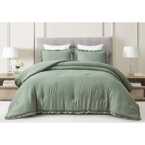 Chezmoi Collection Nora 3-Piece Sage Green Ruffled Edge Trim Microfiber Comforter Set, Queen Size - Walmart.com Sage Green Bedding Set, Sage Green Comforter, Sage Bedding, Green Bedding Set, Green Comforter, Comforter Bedding Sets, Twin Comforter, Green Bedding, Bed In A Bag