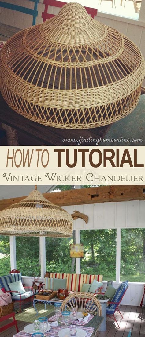 vintage-chandelier-wicker-shade-basket-bowl-diy-tutorial-remodelaholic.com Vintage Lighting Diy, Vine Weaving, Wicker Chandelier, Quirky Furniture, Baskets Diy, Chandelier Diy, Shade Chandelier, Basket Diy, Vintage Industrial Lighting