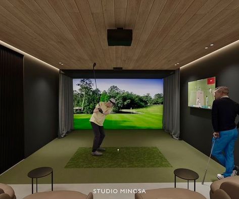 Happy Sunday! 🌞 Imagine a space where luxury and functionality meet—a movie room that transforms into a state-of-the-art golf simulator. Our latest Milton project, currently in the design phase, will feature this very cool, multi-functional room cleverly tucked away behind the wine cellar (convenient location, right?). At Studio Minosa, we believe in creating spaces that elevate your lifestyle. Whether you’re in the mood for an immersive movie night or a quick round of golf, this room offer... Golf Simulator Room Design, Indoor Golf Simulator, Modern Game Room, Simulator Room, Golf Simulator Room, Golf Room, Indoor Golf, Golf Simulator, Golf Simulators