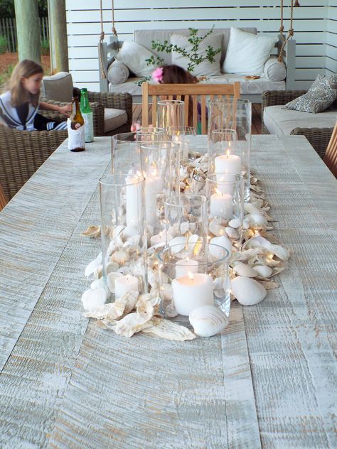 Oyster Roast Table Decorations, Shells Centerpiece Table Decorations, Conch Shell Wedding Centerpiece, Sea Shell Table Decorations, Shells Table Decor, Oyster Shell Centerpiece Round Table, Beach Wedding Candle Centerpieces, Shells Birthday Theme, Pearl And Oyster Theme Party