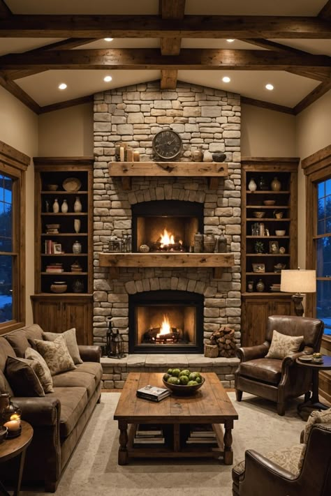 Tuscan Inspired Living Room, Cozy Brick Living Room, Cabin Style Decorating Ideas, Cream Stone Fireplace Living Room, Tudor Style Homes Interior Living Rooms, Cozy Family House Exterior, Industrial Style Fireplace, Den Inspiration Room Ideas, Small Parlor Room Ideas