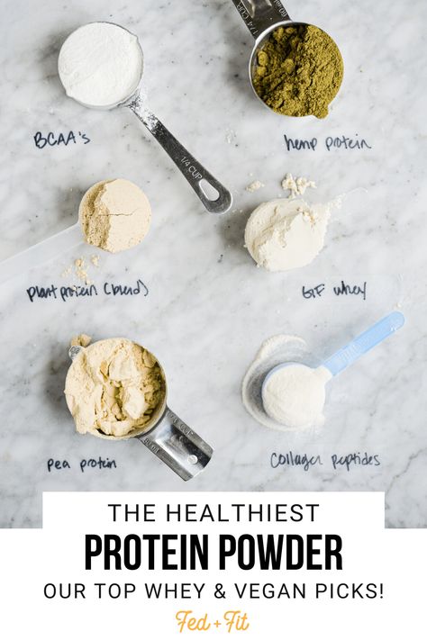 Curious about what the healthiest protein powder is? In this article, we are breaking down our favorite protein powder options, from traditional whey to the best vegan forms of protein, so you can decide which one is right for you! Healthy Protein Shake, Best Vegan Protein Powder, Healthiest Protein Powder, Healthy Protein Shakes, Best Whey Protein, Fed And Fit, Best Vegan Protein, Hemp Protein Powder, Quick Protein