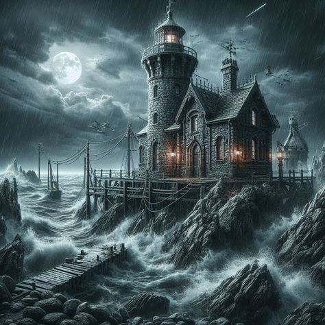 Haunted Lighthouse, Gothic Setting, Steampunk Vehicle, Halloween History, Lighthouses Photography, Mom In Heaven, Pirates Cove, Lighthouse Pictures, Lighthouse Art