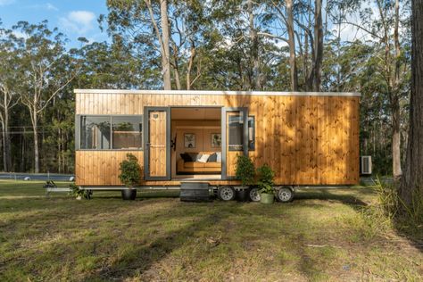 The Luna Tiny House on Wheels by Hauslein in Australia Tiny House Wheels, Modern Light Fittings, Tiny House Australia, House Australia, Queen Sized Bedroom, Tiny House Talk, Solid Oak Dining Table, House Cladding, Tiny House Builders