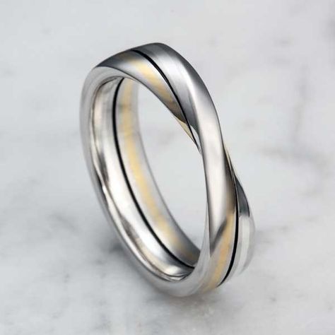 Mobius Strip Wedding Band. This contemporary wedding band takes the shape of a Mobius strip. Choose any two colors for the inlay stripes. Wedding Band With Engagement Ring, Mobius Wedding Band, Masculine Wedding, Ring Symbolism, White Gold Engagement Rings Vintage, Mobius Strip, Mobius Ring, Wedding Band Ideas, Engagement Rings Vintage