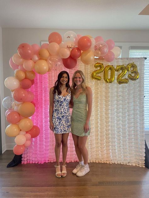 Grad Picture Backdrop, Graduation Backdrops For Pictures, Grad Party Background, Grad Party Aesthetic Ideas, Grad Party Balloons, Pink Grad Party Decorations, Indoor Grad Party, Grad Party Photo Wall, Birthday Photo Backdrop Ideas