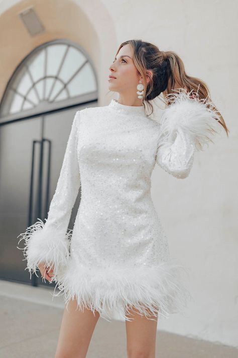 Bridal Minis Wedding After Party Dress For Bride, Long Sleeve White Dresses, Untamed Petals, 70s Wedding, Wedding Reception Dress, Bridal Event, Feather Trim, Dress Order, Mini Robes