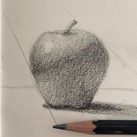 Cat Goldenberg on Instagram: “A little pencil study of light and shadow. No apples were harmed in the making of this sketch 🍎 . . . . #sketch #sketchbook #artstagram…” Apple Drawing With Shadow, Light And Shade Drawing Still Life, How To Draw And Shade An Apple, Apple Value Drawing, Light To Dark Pencil Shading, Cake Sketch, Shadow Drawing, Light And Shadow, Pencil