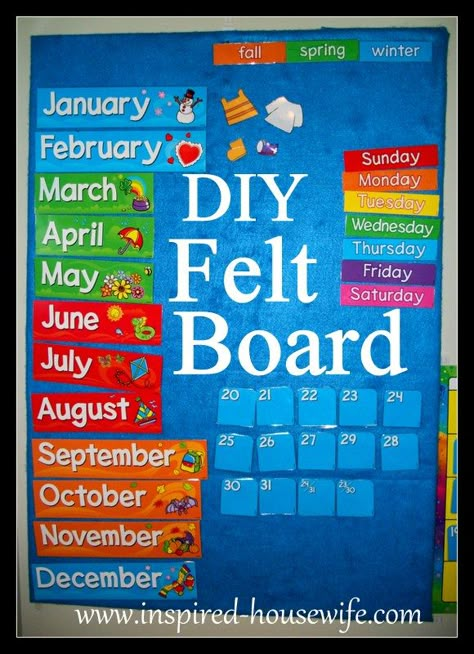 Inspired-Housewife: DIY Felt Board Tutorial classroom, home, playroom Felt Calendar, Diy Felt Board, Felt Boards, Felt Board Stories, Felt Stories, Flannel Board, Diy Felt, Felt Board, School Class