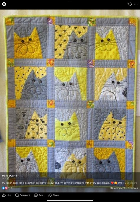 Cat Quilt Block, Colchas Quilting, Cat Quilt Patterns, Cat Quilts, Cat Patterns, Quilting Applique, Quilting Designs Patterns, Dog Quilts, Kids Quilts