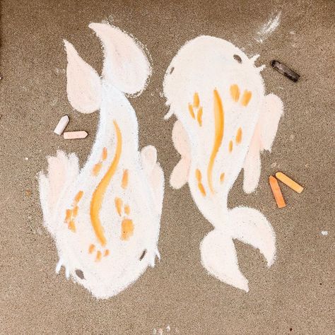 koi fish chalk art by @ashanddawncrafts 🧡 #koi #sidewalk #chalkart #chalk #art #sidewalkchalk Fish Chalk Art, Chalk Art Easy, Chalk Table, Chalk Art Festival, Koi Fish Drawing, Chalk Ideas, Sidewalk Chalk Art, Sidewalk Art, 3d Street Art