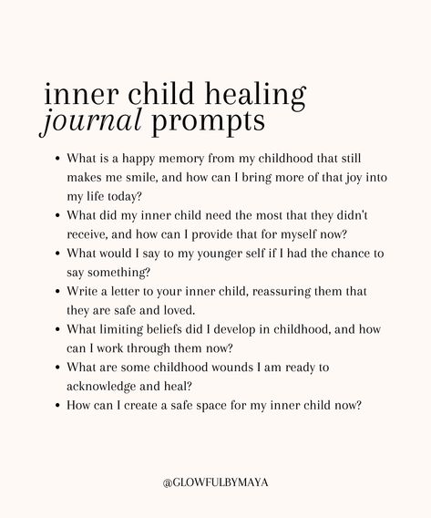 journal prompts • journal prompts to heal your inner child #selflove #selflovejourney #selfloverituals #selfcare #selfcarerituals #selfacceptance #lawofassumption #meditation #affirmations #healing #healingfromwithin #goddessenergy #softlife #mindsetshifts #highestvibration #highestself • glowfulbymaya Healing Inner Child Aesthetic, Inner Child Journal Prompts, Journal Prompts To Heal, Healing Prompts, Heal Your Inner Child, Meditation Affirmations, Writing Journals, Journal Therapy, Healing Journaling