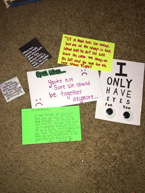 Open when you're not sure we should be together anymore... letter Bible verse- "If a man has lost 100 sheep, but one of the sheep is lost, what will he do? He will leave the other 99 sheep on the hill and go look for the lost sheep. Right? And if you find the lost sheep, he is happier about that one sheep then about the 99 sheep that were never lost, I can assure you. Matthew 18:12-13 Open When Letters For Boyfriend, Open When Cards, Open When Letters, Letters To Boyfriend, Bf Gifts, Boyfriend Diy, Gifts For Boyfriend, Relationship Gifts