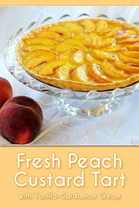 This easy, breezy Peach Custard Tart is light, creamy, and perfectly sweet; infused with a hint of cardamom, it's a fresh summer treat that always leaves them wanting more. Peach Custard, Sweet Pie Crust, Fresh Blueberry Pie, Cream Pie Filling, How To Peel Peaches, Peach Tart, Peach Preserves, Tart Baking, Custard Tart