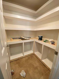 Diy Pantry Renovation, Diy Walk In Pantry Shelving, Diy Pantry Built In, How To Build Pantry Cabinets, How To Install Pantry Shelves, Diy Pantry Shelves How To Build, Pantry Shelves Ideas, Diy Built In Pantry, How To Redo Pantry Shelves