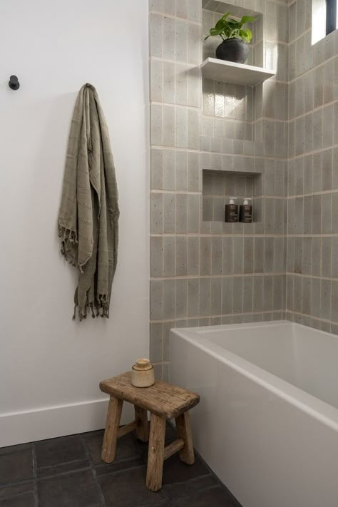 Project Hilltop Haven — TERRAMAR INTERIORS Shower Tile Extended On Wall, Small Organic Bathroom Ideas, Soft Bathroom Aesthetic, Organic Modern Bathroom Design, Modern Kids Bathroom Ideas, Yellow Kitchen Cabinets, Cottage Bathrooms, Organic Modern Bathroom, Organic Bathroom