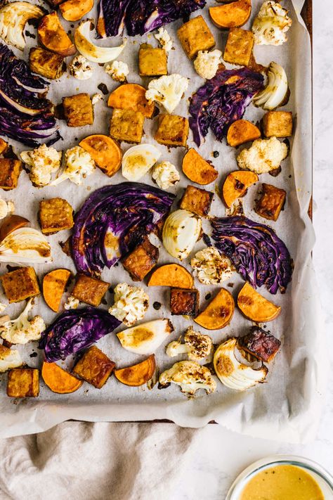 Sheet Pan Honey Mustard Tempeh and Vegetables Mustard Tempeh, Roasted Tempeh, Honey Mustard Glaze, Maple Balsamic, Pan Dinners, Honey Mustard Sauce, One Pan Meals, Sheet Pan Dinners, Tempeh