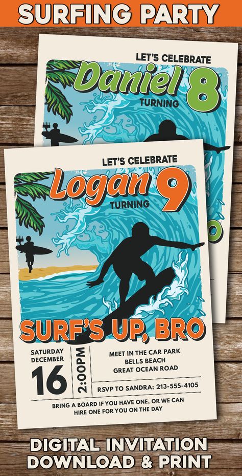 Looking for a cool Surfing Party Invitation? Look no further. Surf's Up, Bro!
These are Digital Surfing Party Invitations that I edit and you download and print, or send from your phone. Surf Party Ideas, Surfing Birthday Party, Surf Theme Party, Surfing Party, Surfer Party, Birthday Themes For Adults, Surf Birthday, Birthday Party Decorations For Adults, Surf Party