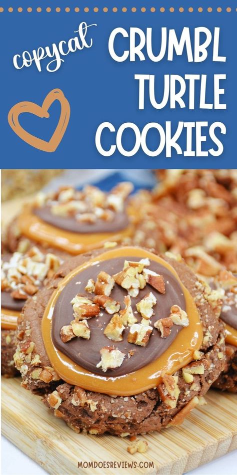 Indulge in the irresistible flavors of Crumbl's famous Turtle Cookies with this copycat recipe. Picture a soft and chewy cookie filled with gooey caramel, melty chocolate, and topped with toasted pecans. This beginner-friendly recipe will guide you through the process of creating these decadent treats that will have you hooked from the first bite. Turtle Cookies Recipe, Crumble Cookie Recipe, Cookie Shop, Bakery Cookies, Chocolate Melting Wafers, Salted Caramel Cheesecake, Turtle Cookies, Caramel Bits, Caramel Cheesecake