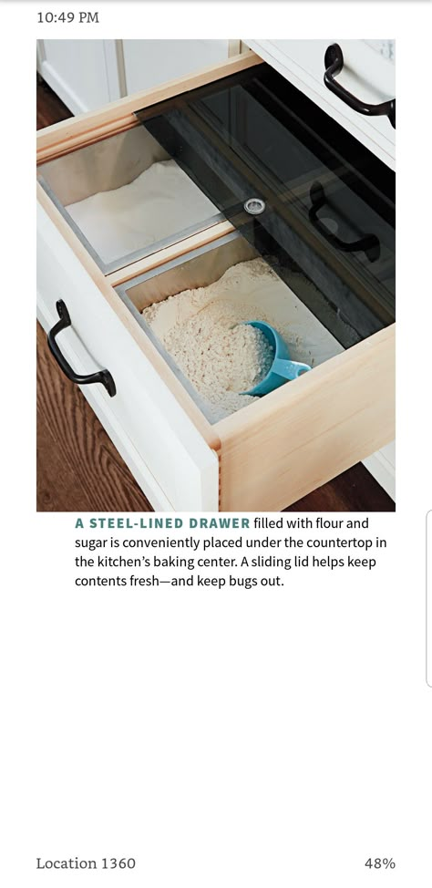 Steel lined drawer for flour and rice Rice Drawer In Kitchen, Kitchen Rice Storage Ideas, Flour And Sugar Drawer, Rice Cooker Storage Ideas, Flour Drawer In Kitchen, Pantry Flour Storage, Specialty Kitchen Drawers, Rice Storage Ideas Kitchen Organization, Flour Bin Cabinet