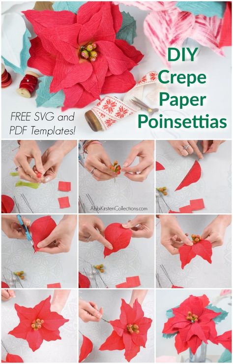 DIY crepe paper poinsettias Poinsettia Template, Paper Poinsettia, Tissue Paper Flowers Diy, Paper Flower Patterns, Paper Christmas Decorations, Christmas Paper Crafts, Crepe Paper Flowers, Poinsettia Flower, Tissue Paper Flowers