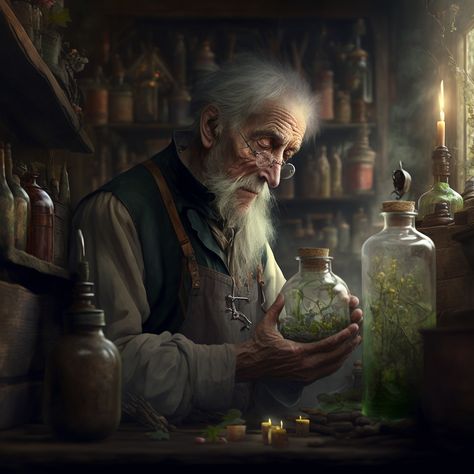 Herbalist Character Art, Dnd Herbalist, Fantasy Shopkeeper, Old Wizard Character Design, Fantasy Herbalist, Herbalist Character Design, Old Adventurer, Fantasy Jobs, Herbalist Shop