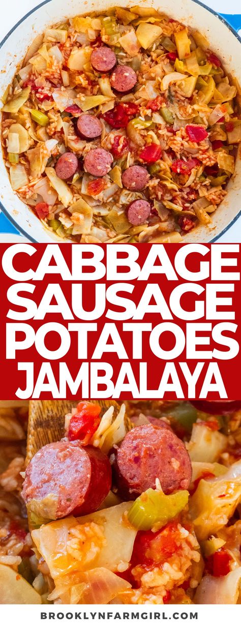 Make this Simple Cabbage, Sausage and Potatoes Jambalaya—a one-pot dinner that's easy to make and bursting with flavor. This fuss-free recipe promises a hearty and delicious meal that will warm up the whole family and leave them filled! Stovetop Cabbage, Cabbage Jambalaya, Cabbage Sausage Potato, Cabbage Recipes With Sausage, Jambalaya Recipes, Cabbage Sausage, Fried Cabbage With Sausage, Cabbage Side Dish, Jambalaya Recipe Easy