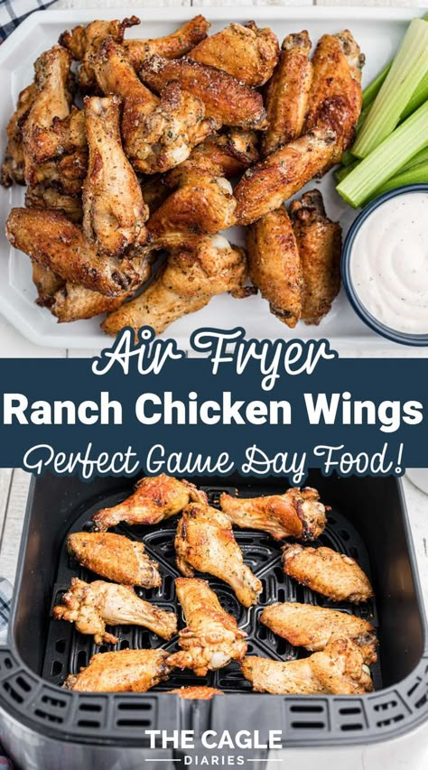 These delicious air fryer ranch chicken wings are super easy to make, they're perfect game day food and it's something everyone can't stop once they dig in. It's addicting. Air fryer chicken wings with a yummy ranch flavor are a finger food you must have on every party menu. Roasted Chicken Wings In Air Fryer, Air Fryer Party Wings, Ranch Flavored Chicken Wings, Buffalo Ranch Chicken Wings, Game Day Wings, Air Fryer Chicken Wings Recipe, Chicken Wings In The Air Fryer, Ranch Wings Air Fryer, Ranch Chicken Wings Air Fryer