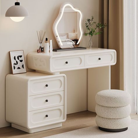 Odette 47.2 61 Inch Cream White 5 Drawer Makeup Vanities Set With Led Cloud Shape Mirrors And Chair - Hernest France Bedroom, Shape Mirrors, Fairytale Bedroom, Makeup And Accessories, Makeup Vanities, Makeup Vanity Set, Kids Bedroom Inspiration, Cloud Shape, White Upholstery