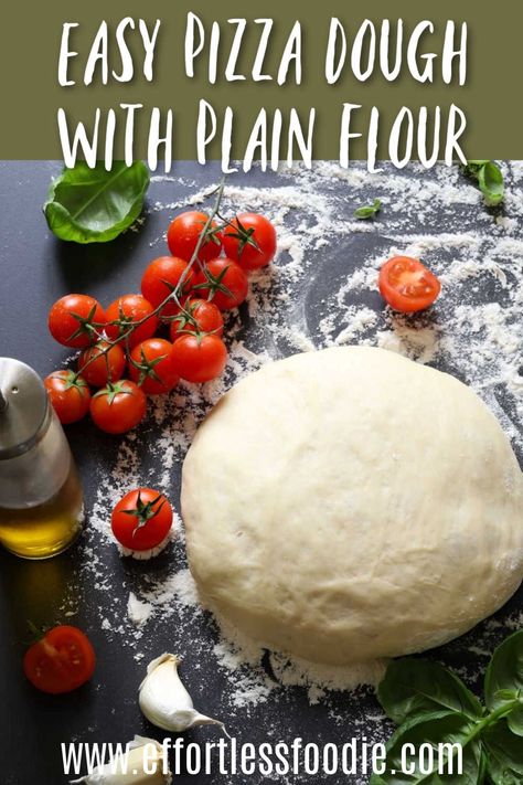 Easy pizza dough with plain flour! This recipe makes perfect homemade pizza bases every single time! Try it on your next pizza night. Basic Pizza Dough, Fast And Easy Pizza Dough, Quick Pizza Dough Recipe No Yeast, Fast Pizza Dough Recipe No Yeast, Easy Pizza Base Recipe, Easy Pizza Base, Meat Feast Pizza, Pizza Bases, Perfect Homemade Pizza