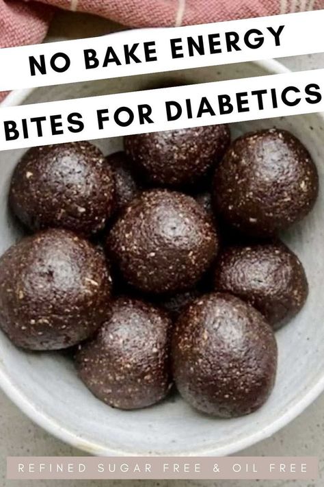 Enjoy these no bake energy bites for diabetics with no added sugar or oil. These diabetic energy balls are vegan, healthy and refined sugar free. They are ultra chewy, soft and naturally sweetened with dates. The diabetic protein balls satisfy a chocolate craving and is the perfect diabetic snack to keep you fueled Chocolate Energy Balls, Chocolate Protein Balls, No Bake Energy, Energy Balls Healthy, Vegan Chocolate Bars, No Bake Energy Bites, Energy Ball Recipe, Dream Food, Healthy Carbs