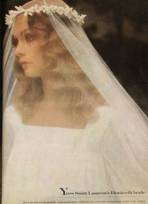 Talking About Weddings:  Jean Shrimpton in a wedding dress by Yves Saint Laurent.  Photo by David Bailey.  Vogue UK, November 1973. Jean Shrimpton, David Bailey, Ysl Saint Laurent, Vintage Brides, Angel Aesthetic, Vintage Bride, Wedding Veil, On Your Wedding Day, Flower Crown