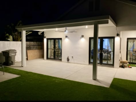 White Patio Cover, Patio With Covered Area, Modern Patio Covers Attached To House, Small Patio Covering Ideas, Diy Patio Cover Attached To House, Adding A Covered Back Patio, Attached Patio Cover Ideas, Modern Covered Patio Ideas, Covered Pergola Patio Attached To House