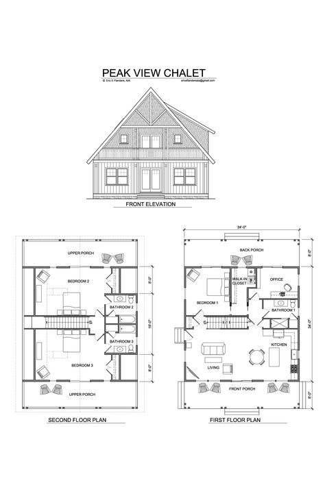 PEAK VIEW CHALET is a 2100 sq ft 3-bedroom 3-bath small house with open chalet porches front and back on both floors. This is a right sized house for one floor living, with room for extended family. More views available upon request. Plans can be customized. Email inquiries to ericeflandersaia@gmail.com Floor Living, Extended Family, 3 Bedroom, Small House, House Plans, Porch, Floor Plans, Bath, Flooring