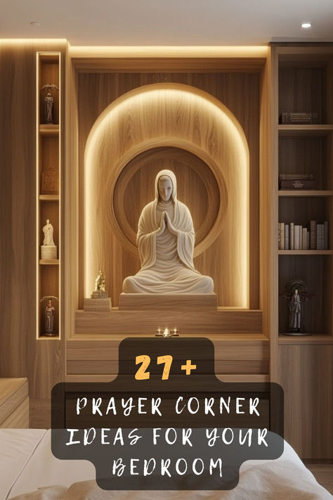 Looking to add a peaceful touch to your bedroom? Discover 27 unique prayer corner ideas that will inspire tranquility and reflection. Create a serene space where you can connect with your spirituality and unwind. Each idea is designed to enhance your bedroom ambiance and provide you with the perfect spot for prayer and meditation. Click to explore more! ✨🙏🌿💖 #PrayerCornerIdeas #BedroomDesign #SpiritualSpace #HomeDecor #MeditationNook #CreativeSpaces #InteriorInspiration Namaz Corner Ideas, Hindu Prayer Room Ideas, Prayer Altar At Home, Catholic Prayer Room, Prayer Room Design Muslim, Prayer Corner Ideas Bedrooms, Spiritual Room Meditation Space, Prayer Corner Ideas, Home Altar Ideas