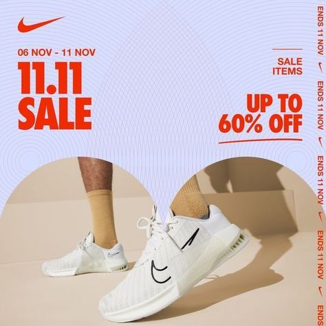 Nike Online 11.11 Sale Up To 60% OFF from 6 November 2023 until 11 November 2023 11.11 Promotion Design, Nike Post, November Sale, 11 11 Sale, 11 November, Packaging Template, Nike Sale, Promotional Design, Brand Promotion