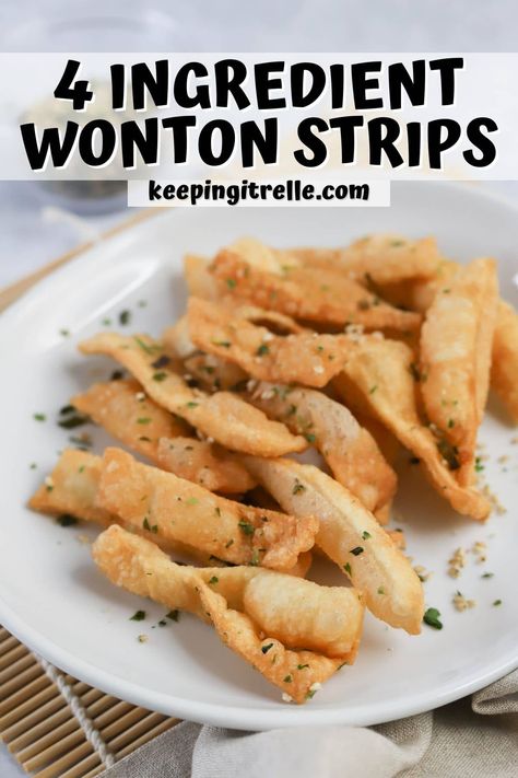 Fried Wonton Wrappers, Wonton Strips Recipe, Deep Fried Wonton Recipes, Fried Wontons Chips, Crispy Wonton Strips, Fried Pork Wonton Recipes, Deep Fried Wontons Pork, Homemade Egg Drop Soup, Wonton Chips