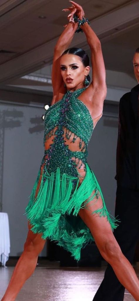 Latino Dance Dress, Green Latin Dance Dress, Latin Dance Dresses For Competition, Latino Dress, Dance Party Outfit, Salsa Outfit, Latin Competition Dress, Ballroom Dance Outfits, Danza Latina