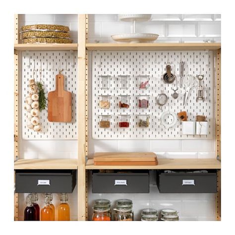 IVAR / SKÅDIS 3 sections/cabinet/shelves - garage Storage / Home Accessories Small Kitchen Storage Ideas, Ikea Pegboard, Clever Bathroom Storage, Ikea Skadis, Kitchen Arrangement, Kitchen Storage Ideas, Wall Storage Unit, Ikea Ivar, Small Kitchen Storage