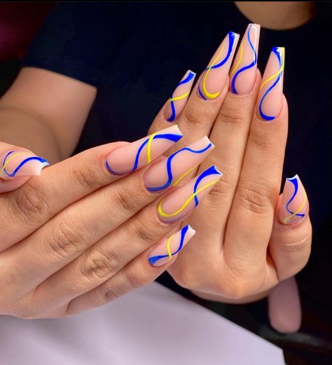 Rams Nails Design, La Rams Nails, Rams Nails, Blue And Yellow Nails Designs, Ukraine Nails, Blue And Yellow Nails, Volleyball Nails, Bright Blue Nails, Dance Nails