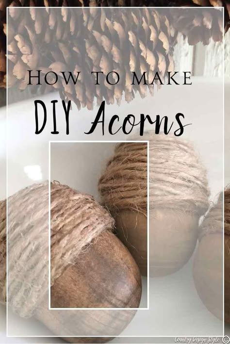 Pin this for later to make DIY acorns using twine and wooden eggs. A farmhouse style fall decor idea. Make a dozen! | Country Design Style | http://countrydesignstyle.com Diy Acorns, Make Pillow Covers, Fall Decor Wreaths, Fall Acorns, Acorn Crafts, Fall Deco, Fall Crafts Diy, Wooden Eggs, Autumn Crafts