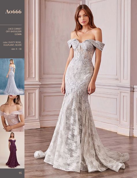 2021 A&L Catalog Andrea And Leo, Lace Mermaid Dress, Jeweled Collar, Mermaid Style Dress, Mermaid Evening Gown, Off Shoulder Gown, Trumpet Dress, Silver Mermaid, Sleeveless Long Dress