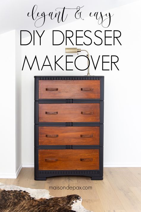 Looking for a simple DIY furniture makeover? Check out this beautiful black and wood dresser. This water damaged antique becomes a modern two toned dresser. #diyproject #furnituremakeover #twotoned #chalkpaint Diy Dresser Makeover Black, Black And Wood Furniture, Black And Wood Dresser, Dresser Makeover Black, Wood Dresser Makeover, Wood Dresser Diy, Easy Diy Dresser, Wood Dressers Makeover, Dresser Makeover Diy