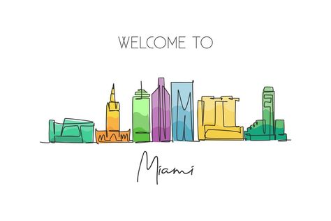 Town Landscape, Best Holiday Destinations, Miami City, Single Line Drawing, Continuous Line Drawing, Continuous Line, Single Line, Holiday Destinations, Design Vector