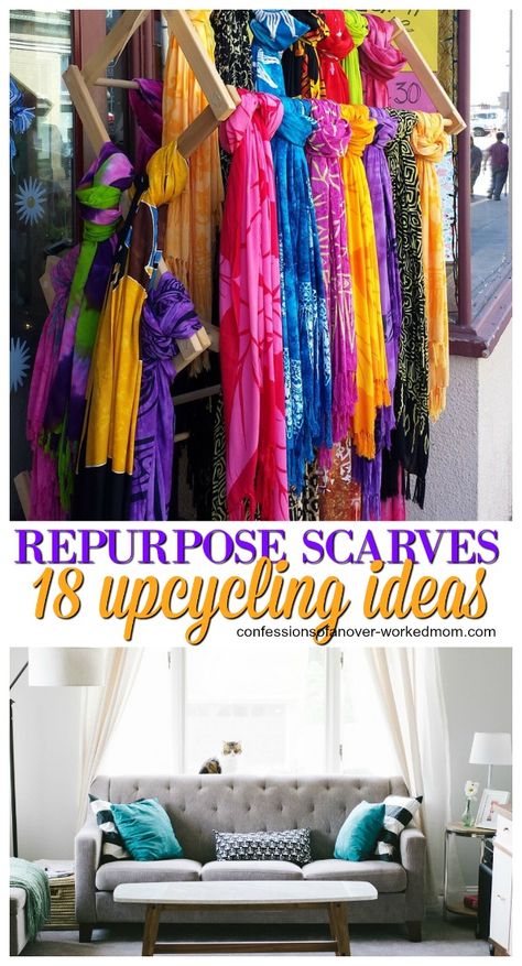 Dozens of Ways to Repurpose Scarves to Accessorize and Decorate Repurpose Scarves, Scarves Ideas, Hanging Scarves, Diy Stencils, Repurposed Clothing, Diy Scarf, Pretty Scarves, Repurposed Items, Repurposed Jewelry