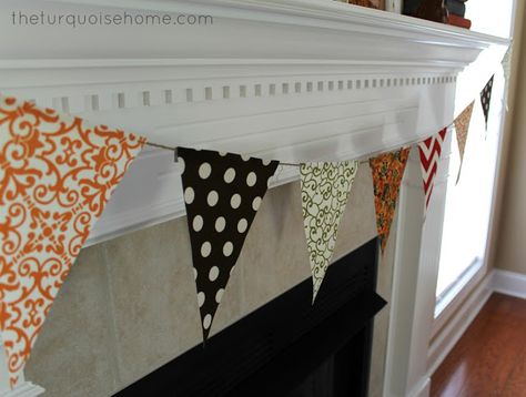 {DIY} No-Sew Bunting Tutorial - nice for welcome home or parties No Sew Bunting, Bunting Tutorial, Bunting Diy, Pumpkin Fall Decor, Diy And Crafts Sewing, Fabric Bunting, Leftover Fabric, No Sew, Fabric Projects